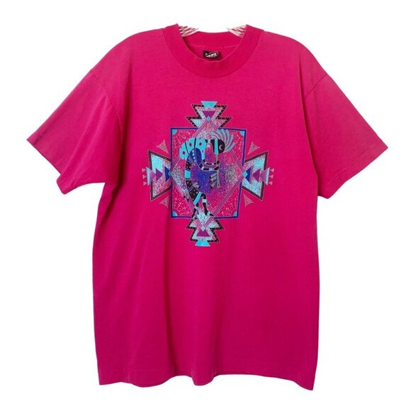 Vintage 90s Pink & Teal Single Stitch Aztec Print T-Shirt Size Large - Picture 1 of 12